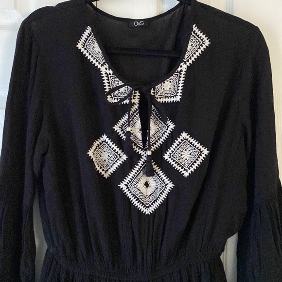 Peasant Boho Dress Black White Embroidery Elastic waist tassel ties at neck - Picture 2 of 4